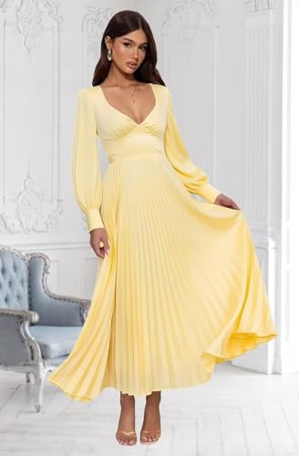 Women's Long Sleeve Bridesmaid Dresses Satin V-Neck Pleated A Line Formal Evening Dress MT0093