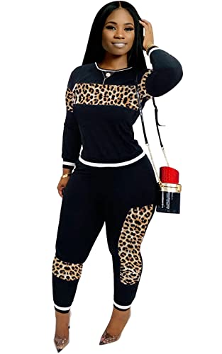 Women's Casual 2 Piece Outfit Leopard Print Long Sleeve Pullover Tops Bodycon Pants Joggers Set Tracksuit2