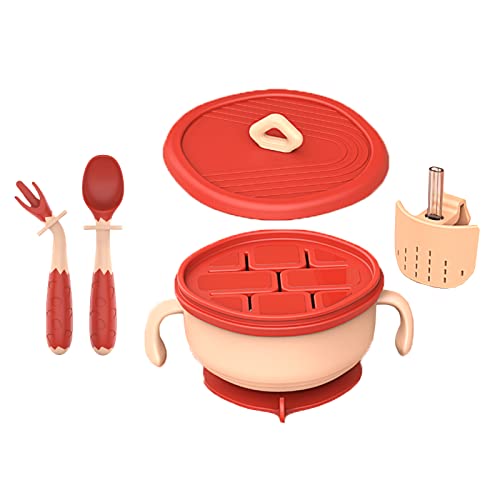 MotuTech Cuenco de aprendizaje para bebé con tapa de aperitivos, ventosa, antideslizante, para bebé, azúcar, antiderrames, anticaídas, silicona, color rojo