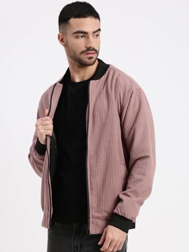 Image of SHOWOFFFF Men Solid Bomber Jacket | Mock Collar Full Sleeves Nylon Jacket for Mens | Slim Fit Regular Length Jacket for Men's