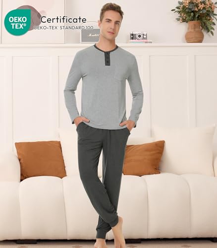 Image of NACHILA Mens Pajamas Set Long Sleeve Henley Sleepwear Top Soft Jogger Pants Pajamas Cool Pjs Set,Viscose Made from Bamboo
