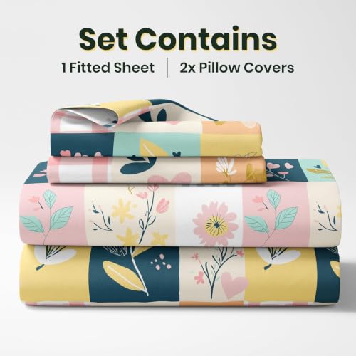 Image of LORETO - A QUALITY LINEN BRAND 186 TC 100% Pure Cotton Double /Queen Fitted Bedsheet with 2 Pillow Covers for 78 x 60 Inch Mattress, All-Around Elastic, 8 Inch Deep Pocket, Pastel Garden