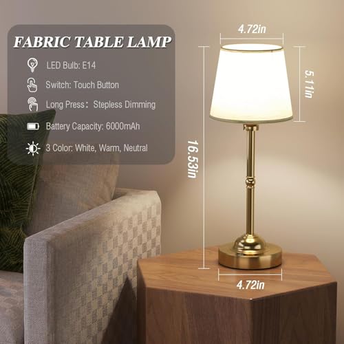 2 Pack Cordless Table Lamps, Fabric Desk Lamp with Stepless Dimming & 3 Colour Temperatures, 6000mAh USB-C Rechargeable Battery, Touch Control Night Light for Bedroom, Desk, Cafe - Image 5