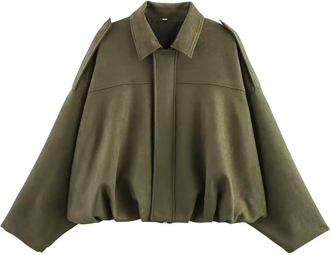 Wildlederjacke Damen Kurz – Oversized Bomberjacke aus Kunstwildleder mit Fleece-Futter, Warme Streetwear Winterjacke für Herbst (DE/NL/SE/PL, Alphanumerisch, S, Regular, Regular, Grün)