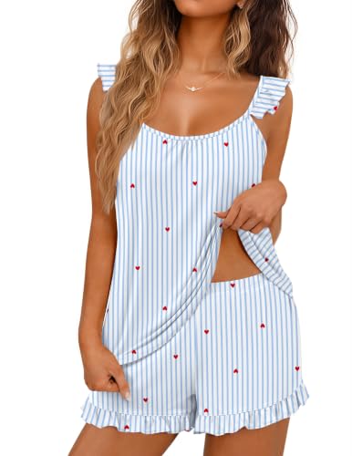 Image of Ekouaer Pajama for Women Set 2 Piece Ruffle Cami Top and Shorts Pjs