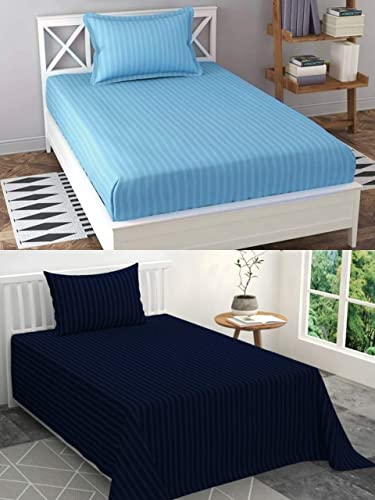 Image of Prime Collection 285 TC Combo Pack of 2 Single Sized (90x60) Satin Striped Bedsheet with 2 Pillow Cover Long Lasting Single Bedsheet for Hotel, Hospital and Home Use