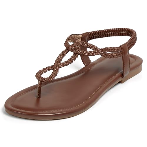 Image of iCKER Womens Braided T‑Strap Flat Sandals Elastic Stretch Ankle Strap | Boho cute casual lightweight and comfort matches dresses for beach vacation