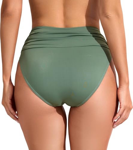 Image of COCOPEAR Full Coverage Bikini Bottoms for Women Mid Rise Bathing Suit Bottoms for Women Ruched Tummy Control Swim Bottoms