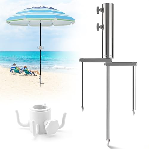 COZCLAM Sonnenschirmständer mit Rasendorn Erdspieß Sonnenschirm aus Edelstahl Abnehmbarer Sonnenschirmhalter mit 3-Spitzen-Bodenanker Schirmständer für Garten Strand Rasen Sand Camping &Angeln