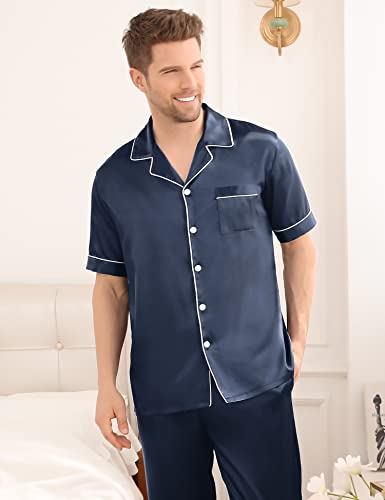 Image of SWOMOG Mens Satin Pajama Set Short Sleeve Classic Sleepwear Button Down Silky Loungewear with Long Pants