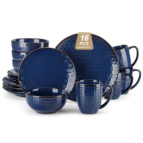 Image of MALACASA 16 Pieces Dinnerware Sets, Farmhouse Plates and Bowls Sets, Embossed Blue Dish Set for 4, Vintage Relief Ceramic Dish Set with Mugs, Microwave and Dishwasher Safe, Series LYDIA