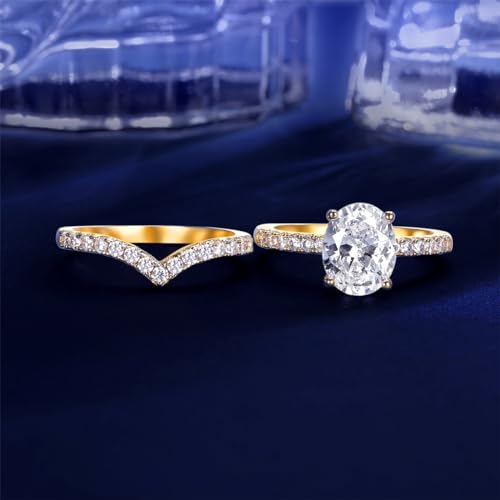 MDFUN 18K Gold Plated Promise Eternity Ring for Women, 7 * 9mm Oval Cubic Zirconia Two-in-One Rings Wedding Band Engagement2