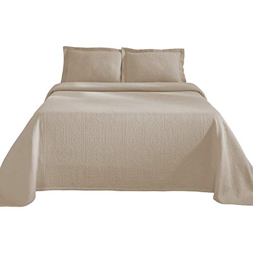 Superior Cotton Fleur De Lis Bedspread Set, Warm Blankets, All-Season Bedding, Bedroom Decor, Decorative Boho Medallion Coverlet, Includes 1 Bedspread, 2 Pillow Shams, Queen, Linen