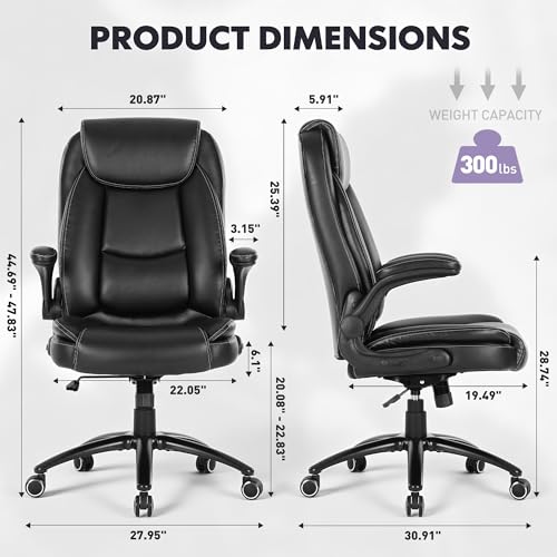 Image of 300lbs Capacity Executive Desk Chair with Ergonomic Lumbar Support, Flip-up Arms & High Back Leather Computer Chair for Home /Office, Black