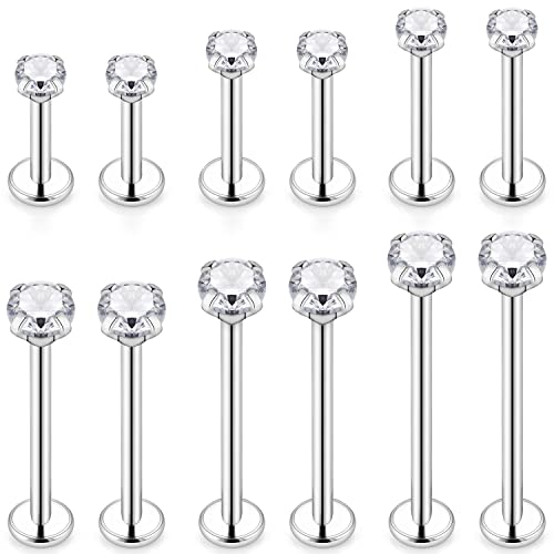 Ftovosyo 12Pcs 14G 16G Different Sizes Flat Back Stud Stainless Steel Labret Ashley Medusa Monroe Dimple Cheek Lip Rings Studs Piercing Jewelry for Women Men Bar Length 6mm-19mm