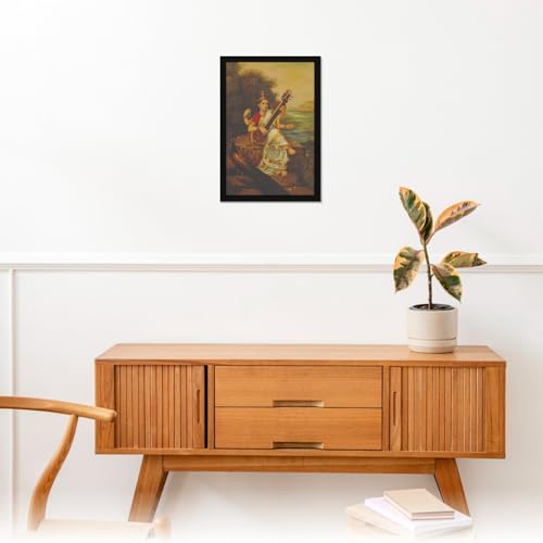 Image of Mad Masters Mata Saraswati Devi Goddess of Knowledge Painting Photo Frame for Living Room, Bedroom, Home Decor and Wall Decoration (MM 1630, 45.7L x 30.5W cm, Canvas, With Plexi Glass)