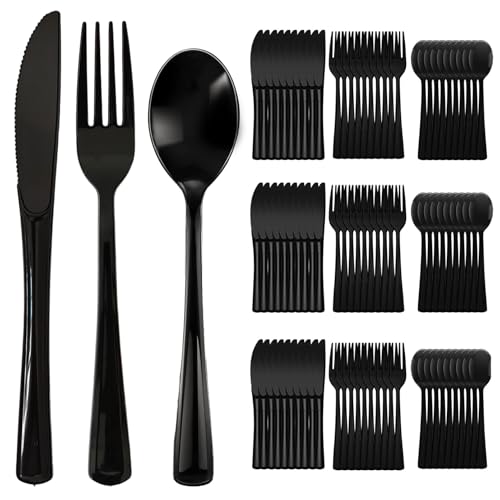 300 Pack Black Disposable Plastic Silverware Heavy Duty Black Cutlery Set Plastic Forks and Spoons Knives Utensils Set for Birthday Party Prom Night Weddings Halloween