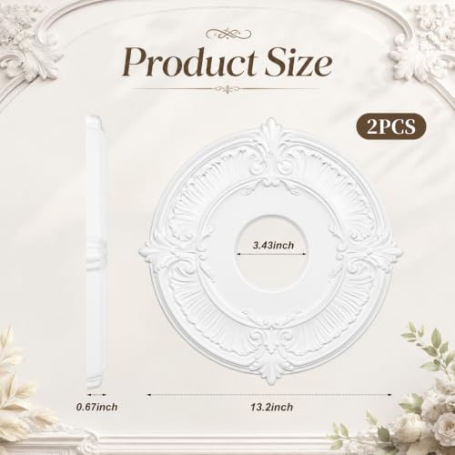 Image of 2pcs Ceiling Medallion for Light Fixtures Chandeliers,White,Delicate | Molded PU Ceiling Decor, Lightweight Decorative Trim, for Ceiling Fan, Chandelier and Indoor Lighting Fixture Home Renovation