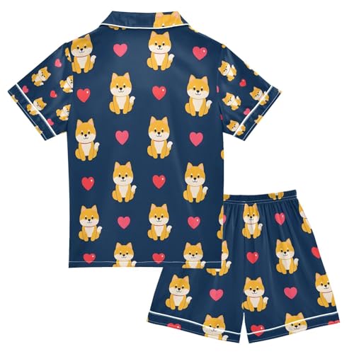 senya Cute Corgi Heart Satin Summer Pajama Sets Silk Short Sleeve Button Down Sleepwear2