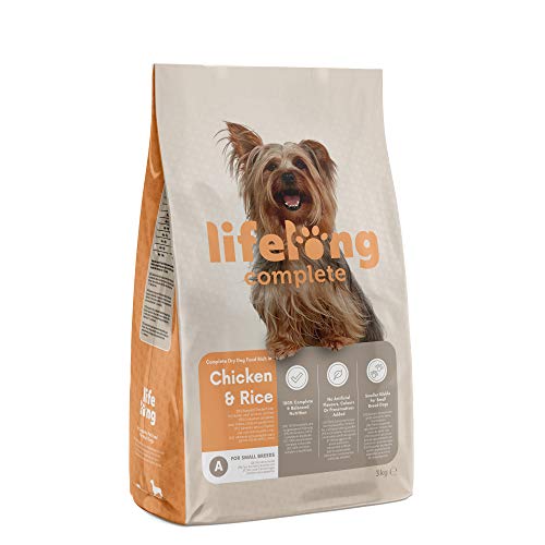 Amazon-Marke: Lifelong – Hundefutter für ausgewachsene Hunde (Adult) kleiner Rassen, Fein zubereitetes Trockenfutter reich an Huhn und Reis, 3 kg (1er-Pack)