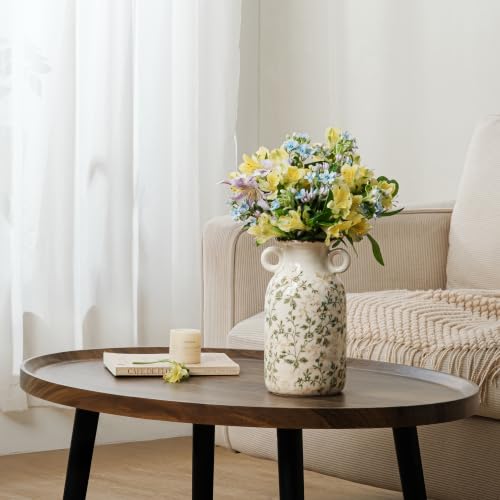 Image of Ceramic Flower Vase | Green Rustic Farmhouse Vase with Handles for Home Decor, Vintage Floral Tuscan Vase for Living Room & Kitchen, Mantel & Bookshelf, Centerpieces, Entryway, Wedding(9.1 Inch)