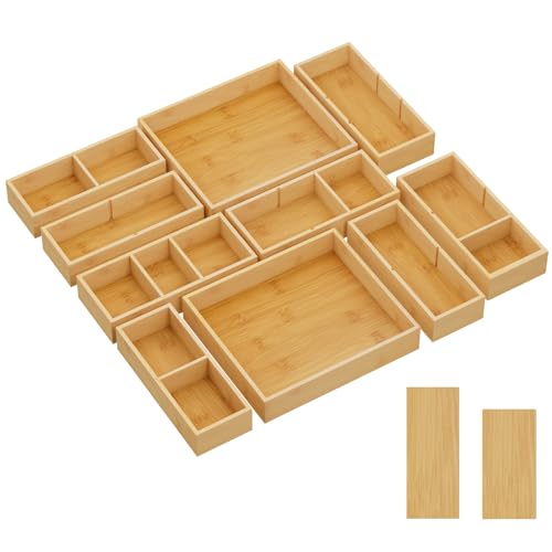 Lifewit 10er-Set Schubladen Organizer mit 6 Einsätzen Verstellbare Aufbewahrungsbox mit 11 Fächern Schubladenteiler aus Holz für Küchenutensilien Schminktisch organizer Make-up Büro Badezimmer