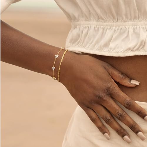 Bracelet for Women - Dainty Stack Bracelets Trendy Adjustable 14K Gold Plated Thin Paperclip Bead Box Satellite Figaro Cuban Link Chain Bracelet Set for Women Waterproof Jewelry Gift