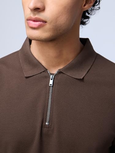 Image of The Souled Store Popcorn: Dark Mocha Men and Boys Short Sleeves Collared Neck Solid Cotton Blend Regular Fit Zipper Polos