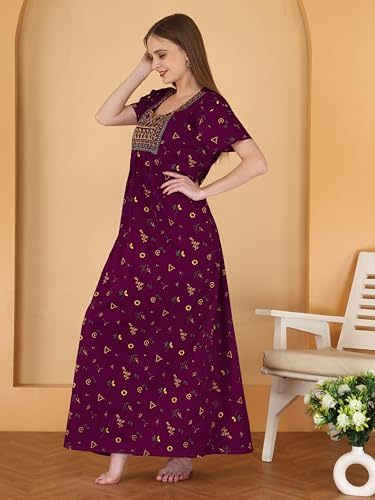 Image of DIAMO Pure Cotton Embroidery Nighty for Women, Cotton Night Gown, Night Maxi Gown, Cotton Nighty with a Pocket and Adjustable Knot