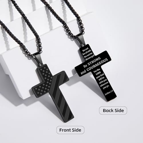 American Flag Cross Necklace for Men,Cross Necklace Gifts for Men,Black Stainless Steel Pendant Chain with Bible Verse2