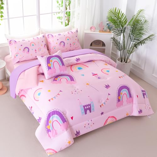 Image of Full Size Bedding Sets for Girls 6 Pieces Pink Rainbow Kids Comforter Set with Sheets Colorful Castle Printed Teen Girl Bed in A Bag for Bedroom Decor (Rainbow Castle, Full)