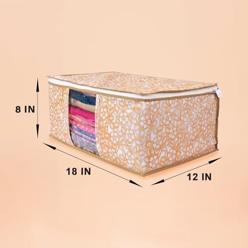 Image of Non-Woven Printed Saree Covers - Cloth Storage /Wardrobe with Transparent Window, Zipper Closure (YELLOW PACK OF 10)