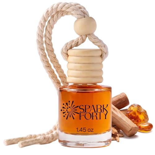 Image of Sandal & Amber Car Air Freshener Hanging | Car Perfume, 8 ml | 0.27 fl oz (8 ml) | 30-Day Luxury Glass Diffuser | Amber, Creamy Sandalwood & Woody Spice | Long-Lasting Woody Spice Scent