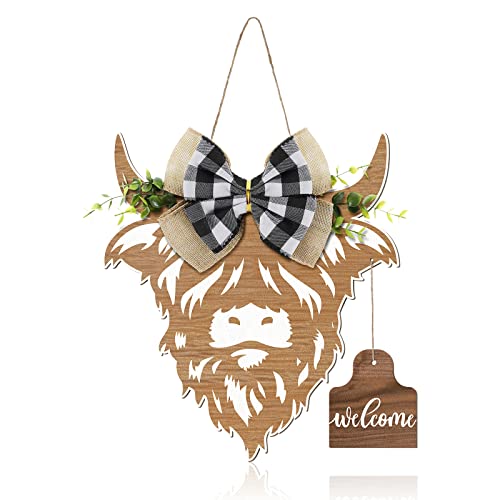 Image of Weysat Highland Cow Decor Cow Head Wreath Sign Gifts Wooden Welcome Door Hanger for Front Door Porch Farmhouse Decor Indoor Outdoor(Wood Color)