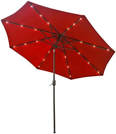 Aok Garden 9 Ft LED Lighted Patio Outdoor Umbrella Solar Power Market Table Fade-Resistant Umbrella with Push Button Tilt & Crank and 8 Sturdy Ribs, Wine Red
