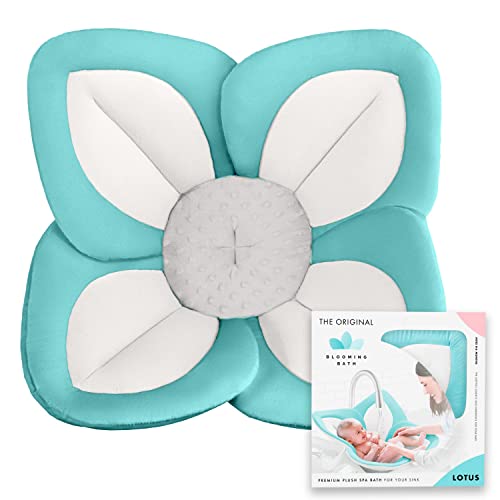 Blooming Bath Lotus Bath Seat - Plush Minky Baby Sink Bathtub - The Original Washer-Safe Flower Seat for Newborns - Seafoam/White/Gray
