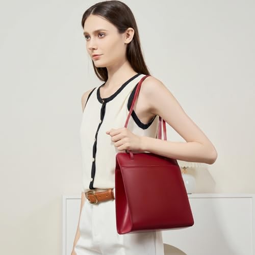 Sac Cabas en Cuir Véritable Rouge Élégant et Rétro - 2