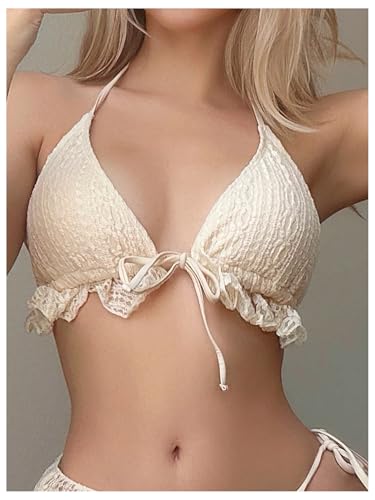 OYOANGLE Women's 3 Piece Bikini Swimsuit Textured Lace Triangle Halter Bathing Suit with Beach Skirts Cover Up4