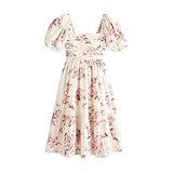 Puff Sleeve Midi Dress, Women's Summer Casual Flowy Beach Floral Ruffle Hem Maxi Dresses (Pink,XL) -  BFDSGWQ