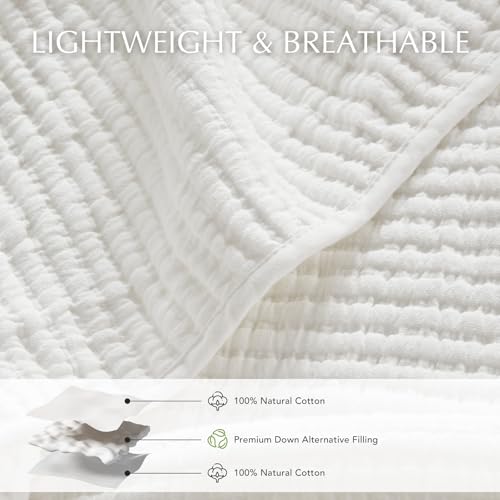 Image of EVERGRACEHOME Cotton Coverlet Set Full Queen Size 3 Pieces, Lightweight Soft Ribbed Matelasse Bedspread Quilt Set, Cozy Oversized Quilted Bedding Set with 2 Pillow Shams for All Seasons, Ivory White