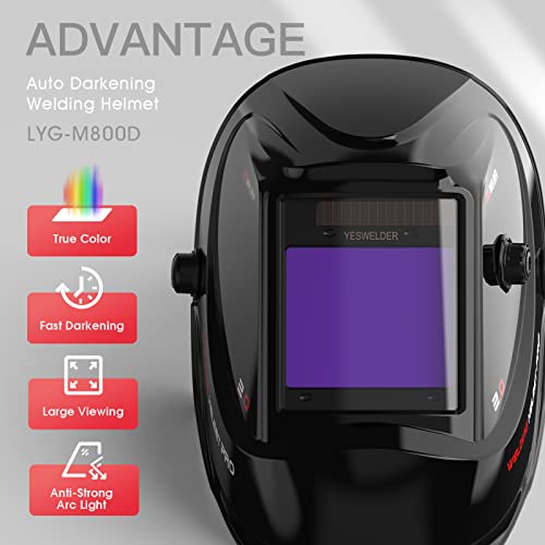Yeswelder Large Viewing Screen 3.94"X3.27" True Color Solar Power Auto Darkening Welding Helmet, 4 Arc Sensor Wide Shade 4~5/9-9/13 For Tig Mig Arc Cut Grinding Welder Mask Lyg-M800D #TOP1
