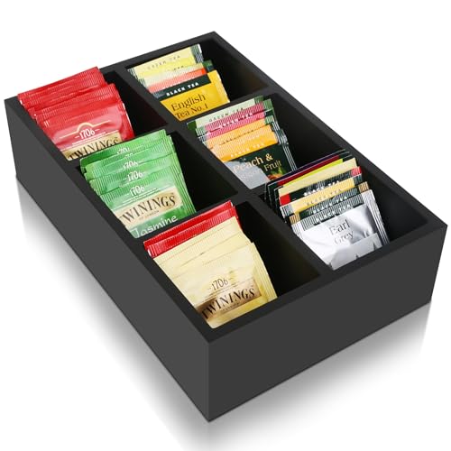 Wooden Black Tea Bag Box with 6 Compartments - Large Capacity Organiser for Tea, Coffee, Sugar Packets and Sweeteners