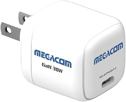 Megacom Gan Charger 30W USB-C Power Adapter, Foldable PD3.0/PPS/QC3.0 Fast Wall Charger Compatible with Smartphones, Tablets, and All USB Type-C Devices White