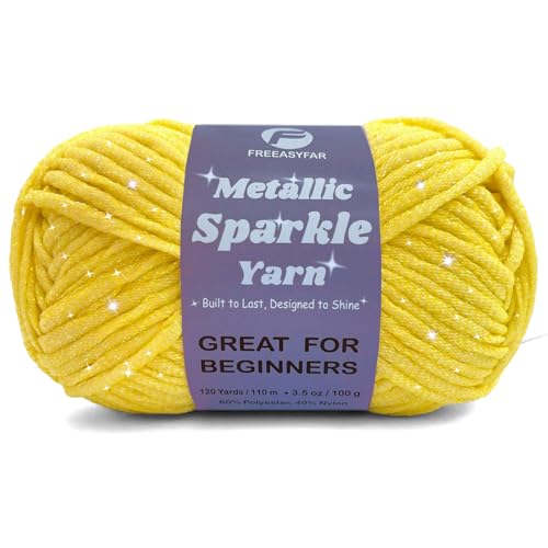 Image of Metallic Sparkle Yarn for Crochet and Knitting with Easy-to-See Stitches, Worsted Weight Medium #4, Beginners Yarn for Amigurumi, Bags, Handmade Gifts, Home Decor (Yellow, 1 Pack)
