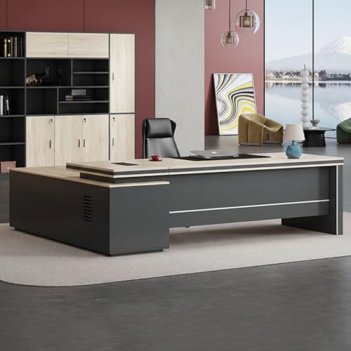 Image of Luxury Modern L-Shape Director Table with Integrated Side Storage, Light Wood Finish, Open Shelves, Soft-Edge Panels & Spacious Executive Worktop (LDL-766 MDFL L6W3)
