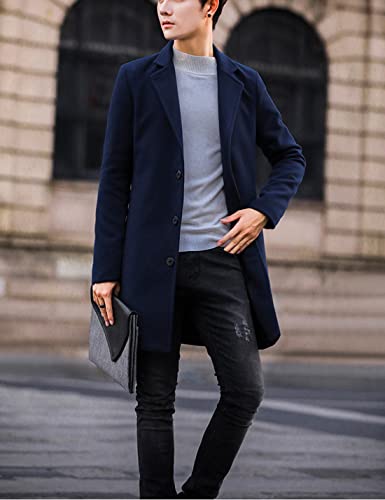 Springrain Men's Wool Blend Pea Coat Notched Collar Single Breasted Overcoat Warm Winter Trench Coat(Navy-M)
