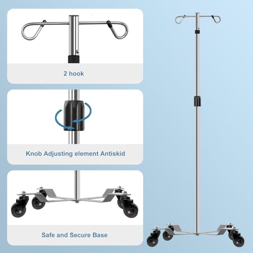 IV Poles IV Stands 2 Hooks 4 Legs Portable Rolling with Stainless Steel Adjustable Height, 2PCS