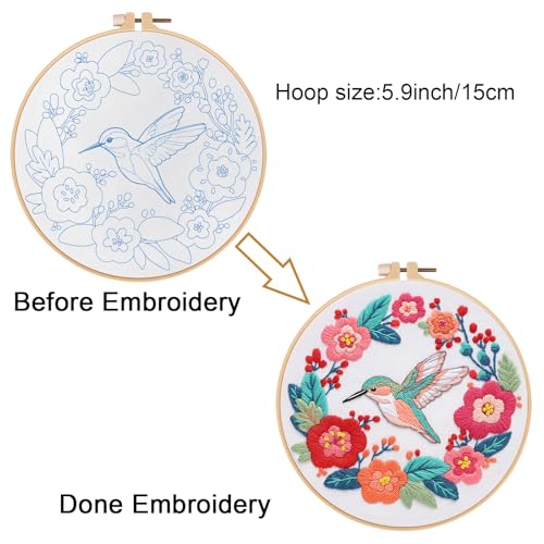 Image of Louise Maelys Hummingbird Embroidery Kits for Beginners,Cross Stitch Kit for Adults,DIY Needlepoint with Flowers Pattern