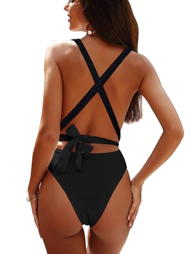 Image of Lilosy Sexy Tie Criss Cross Plunge One Piece Thong Swimsuit High Cut Brazilian Bathing Suit