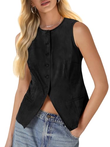 Tankaneo Womens Sleeveless Vest Trendy Suede Button Down Business Casual Suit Vest Tops Blazer Waistcoat